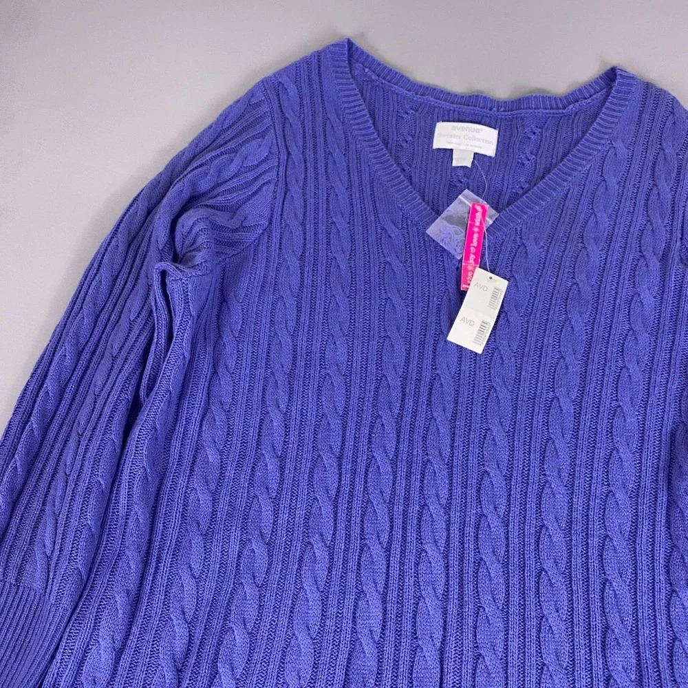Avenue Sweater Women's‎ Plus Size 26/28 Purple Cable Knit V-Neck New w/ Tags